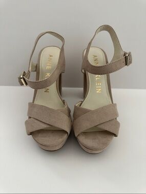 Anne Klein Taupe Suede Crisscross Platform Heels